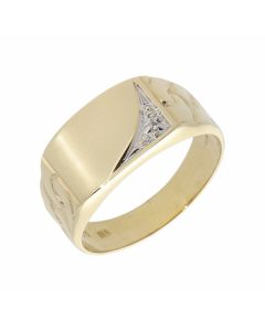 Pre-Owned 9ct Gold Diamond Set Patterned Shoulder Signet Ring