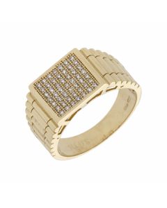 Pre-Owned 9ct Gold Cubic Zirconia Ribbed Shoulder Signet Ring