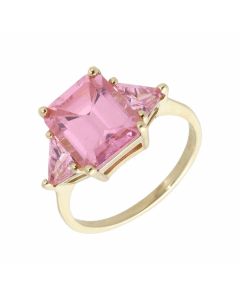 Pre-Owned 9ct Yellow Gold Pink Cubic Zirconia 3 Stone Dress Ring