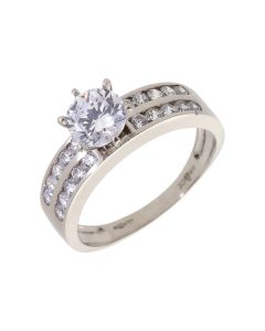 Pre-Owned 9ct White Gold Cubic Zirconia Solitaire & 2 Row Ring