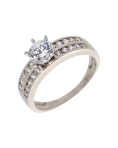 Pre-Owned 9ct White Gold Cubic Zirconia Solitaire & 2 Row Ring