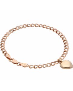 Pre-Owned 9ct Rose Gold Double Curb Link Heart Charm Bracelet