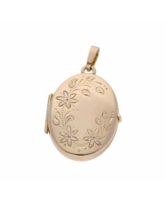 Pre-Owned 9ct Gold Floral Patterned Oval Locket Pendant