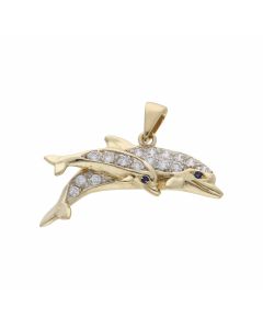 Pre-Owned 9ct Yellow Gold Gemstone Set Double Dolphin Pendant
