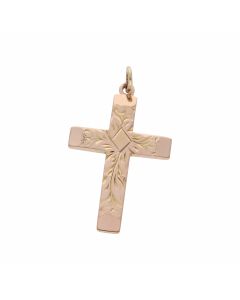 Pre-Owned 9ct Yellow Gold Floral Patterned Cross Pendant