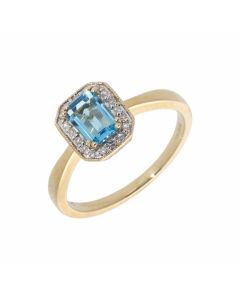 New 9ct Yellow Gold Blue Topaz & Diamond Cluster Ring