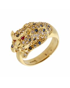 New 18ct Yellow Gold Sapphire & Diamond Leopard Ring