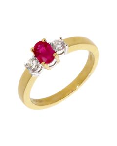 New 18ct Yellow Gold Ruby & Diamond Trilogy 3 Stone Ring