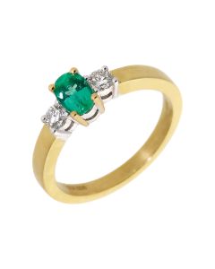 New 18ct Yellow Gold Emerald & Diamond Trilogy 3 Stone Ring