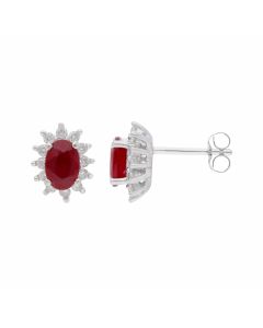 New 9ct White Gold Ruby & Diamond Oval Cluster Stud Earrings