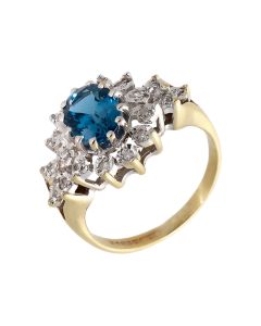Pre-Owned 9ct Yellow Gold Blue Topaz & Diamond Cluster Ring