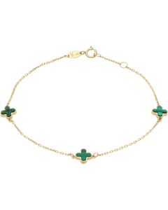 New 9ct Yellow Gold 3 Malachite Clover Petal 7.5" Bracelet