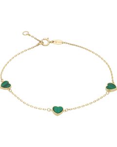 New 9ct Yellow Gold 3 Malachite Heart 7.5" Bracelet