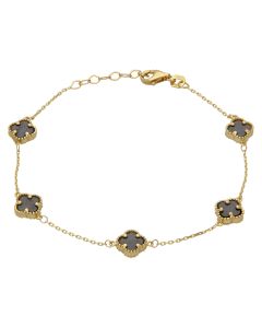 New 9ct Yellow Gold 7.5" Onyx 5 Clover Petal Bracelet