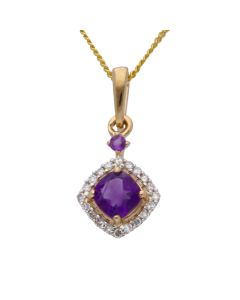 New 9ct Yellow Gold Amethyst & Diamond Pendant & 18" Necklace