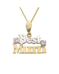 New 9ct 2 Colour Gold Stone Set Best Mum Pendant & Necklace