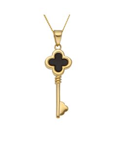 New 9ct Yellow Gold Black Onyz Clover Key & 18" Chain Neclace