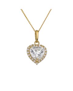 New 9ct Gold Cubic Zirconia Heart Halo Pendant & 18" Necklace