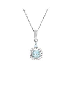 New 9ct White Gold Aquamarine & Diamond Halo & 18" Necklace