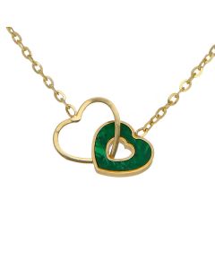 New 9ct Yellow Gold 16" Malachite Entwined Hearts Necklace