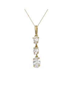 New 9ct Yellow Gold Cubic Zirconia Trilogy Drop Pendant Necklace