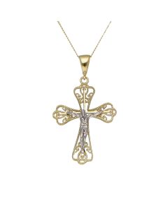 New 9ct Yellow & White Gold Filigree Crucifix Pendant Necklace