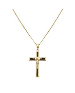 New 9ct Yellow Gold & Black Enamel Crucifix & 22" Chain Necklace