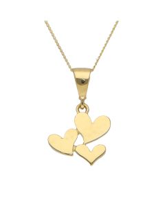 New 9ct Yellow Gold Triple Heart Pendant & 18" Chain Necklace