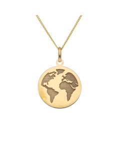New 9ct Yellow Gold World Map Disc Pendant & 18" Necklace