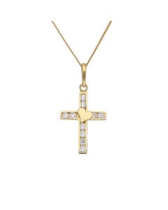 New 9ct Gold Cubic Zirconia Heart Cross Pendant & 18" Necklace