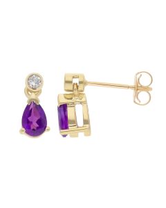 New 9ct Yellow Gold Amethyst & Diamond Drop Earrings