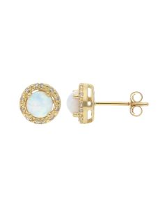 New 9ct Yellow Gold Cultured Opal & Diamond Halo Stud Earrings