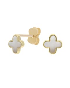 New 9ct Yellow Gold Mother Of Pearl Clover Petal Stud Earrings