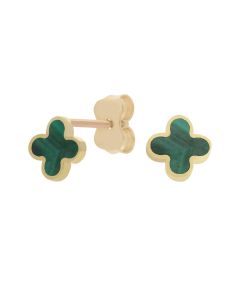 New 9ct Yellow Gold Malachite Clover Petal Stud Earrings