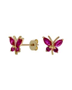 New 9ct Yellow Gold Pink Cubic Zirconia Butterfly Stud Earrings