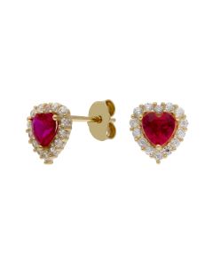 New 9ct Gold Red & White Cubic Zirconia Heart Stud Earrings