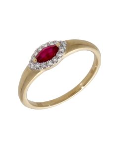 New 9ct Yellow Gold Ruby & Diamond Halo Marquise Cluster Ring