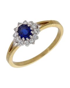 New 9ct Yellow Gold Blue & White Cubic Zirconia Cluster Ring