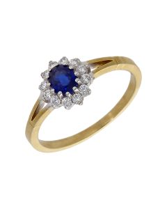 New 9ct Yellow Gold Blue & White Cubic Zirconia Cluster Ring