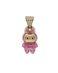 New 9ct Yellow Gold Pink Enamel & Cubic Zirconia Monster Pendant