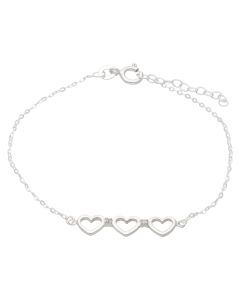 New Sterling Silver Cubic Zirconia Triple Ladies Heart Bracelet
