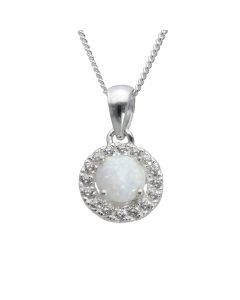 New Sterling Silver Cultured Opal Halo Pendant & 18" Necklace
