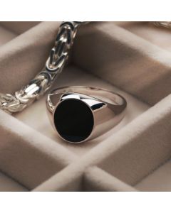 New Sterling Silver Oval Black Onyx Signet Ring