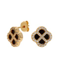 New Gold Plated Cubic Zirconia & Black Agate Petal Earrings