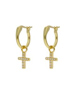 New Gold Plated Silver Cubic Zirconia Cross Drop Hoop Earrings