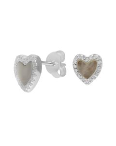 New Silver Mother Of Pearl & Cubic Zirconia Heart Stud Earrings