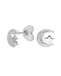 New Sterling Silver Cubic Zirconia Moon & Star Stud Earrings