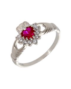 New Sterling Silver Red Cubic Zirconia Claddagh Ring