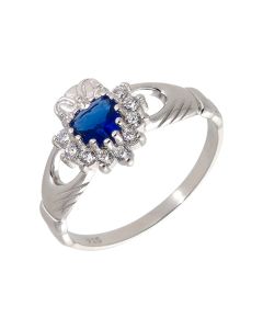 New Sterling Silver Blue Cubic Zirconia Claddagh Ring