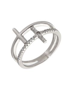 New Sterling Silver Cubic Zirconia Set Double Curved Cross Ring